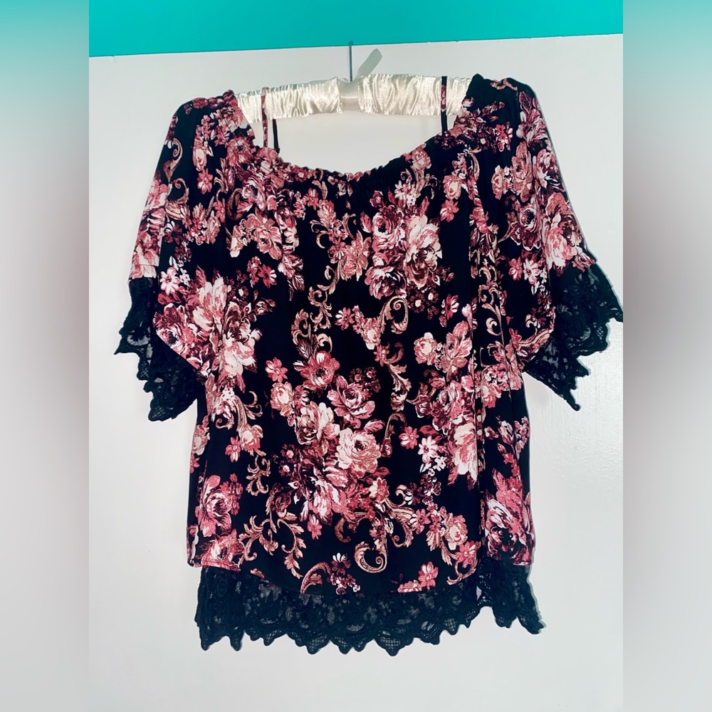 NWOT, floral black off shoulder blouse.